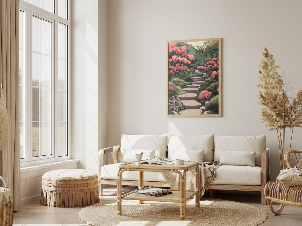 Stone Steps Japanese Garden Azalea Bloom Serene Landscape Poster - Image 4