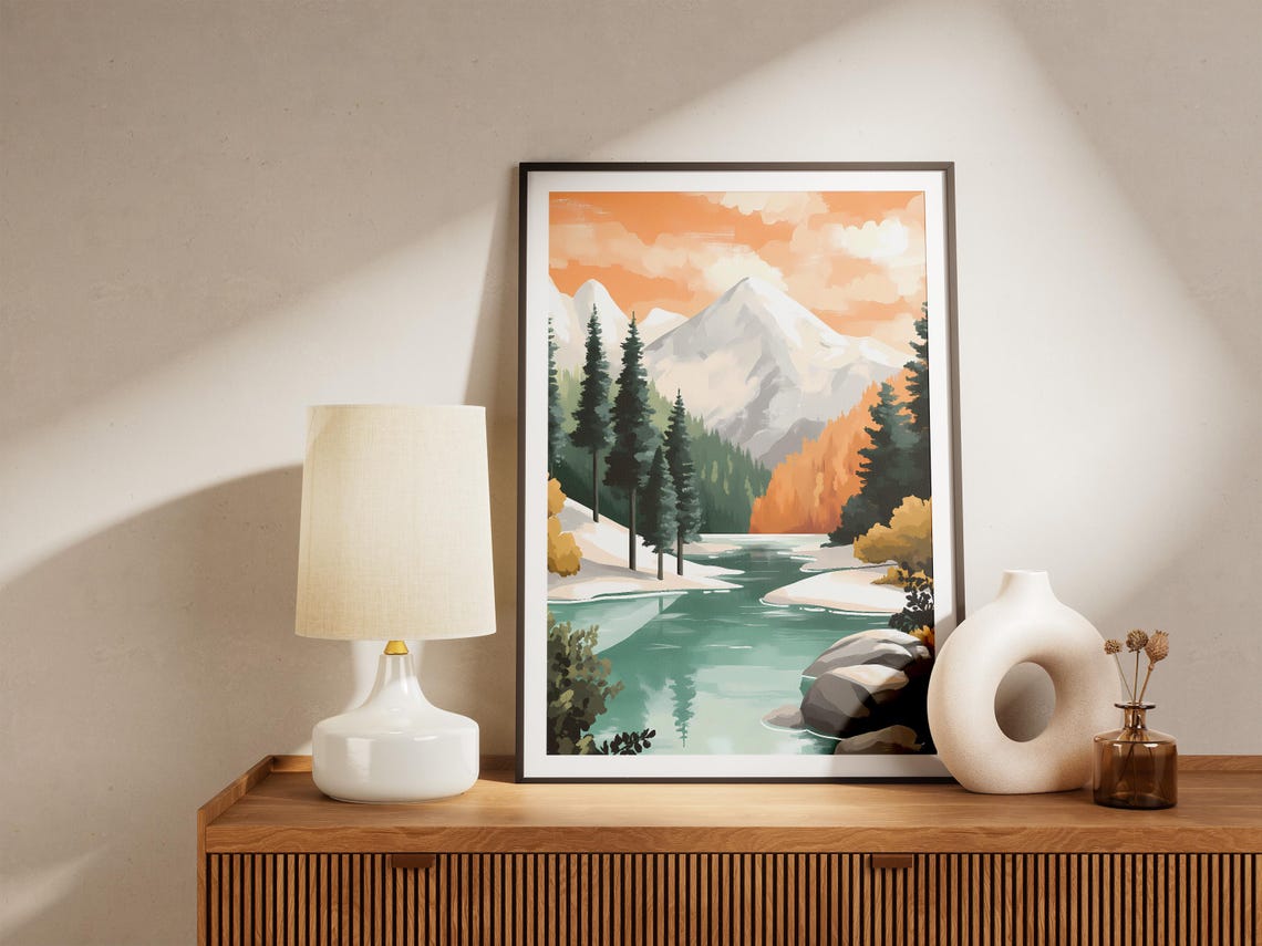 Turquoise Mountain River at Sunset Flowing Below Snowy Peaks Poster - Image 5