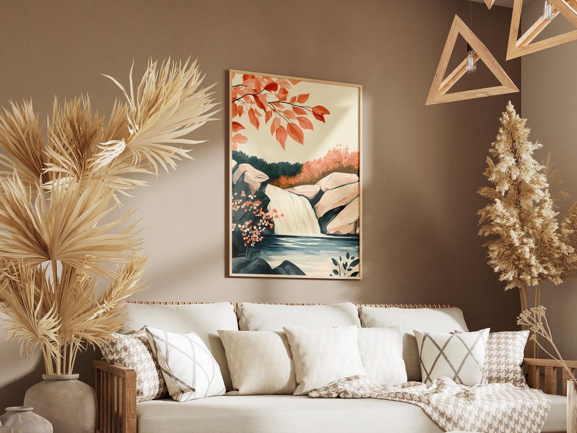 Autumn Waterfall Spilling Over Ivory Rocks and Leaves Poster - Image 3