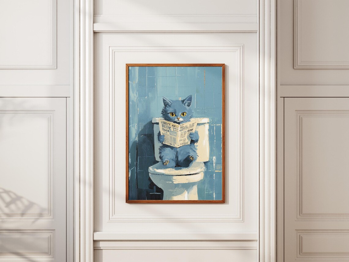 Blue Cat Reading Newspaper on Toilet Humorous Bathroom Poster - Image 2