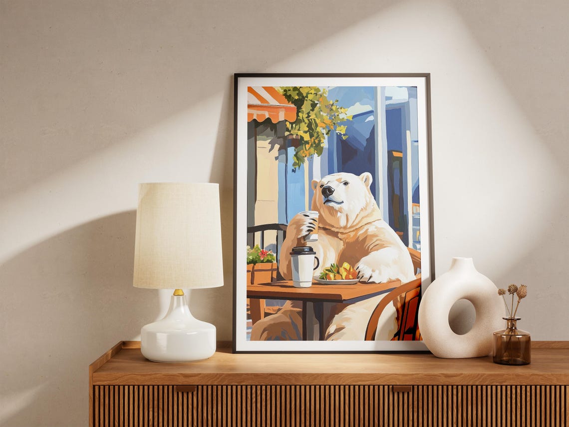 Polar Bear With Takeaway Coffee Cup At A Sunny Cafe Scene Poster - Image 4