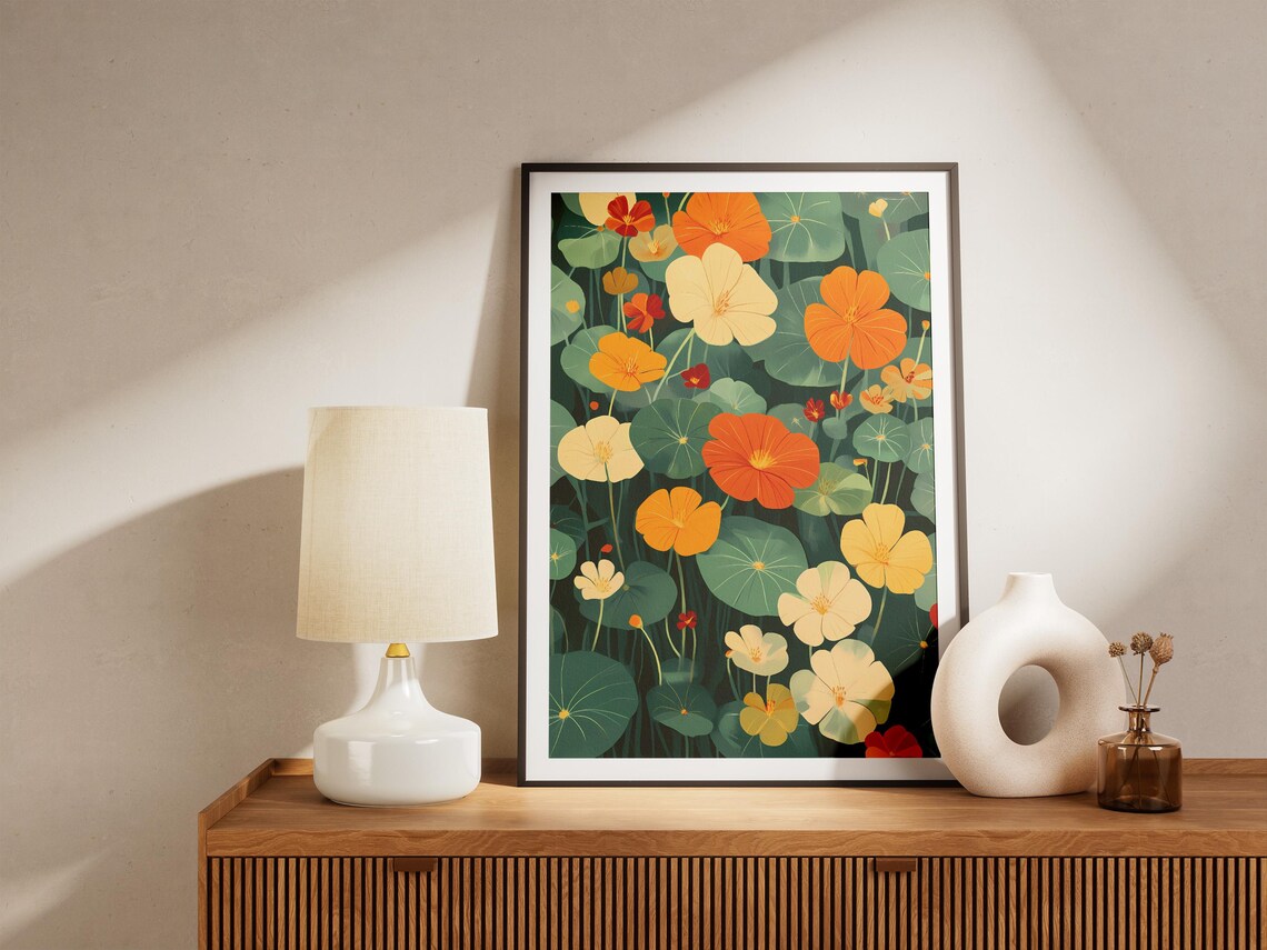 Summer Nasturtium Garden Bright Orange and Cream Floral Wall Art - Image 5