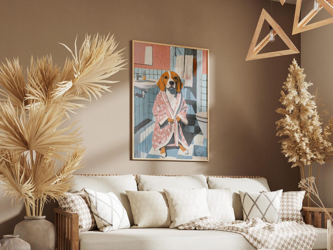 Beagle Dog Standing in a Pink Floral Bathrobe Bathroom Poster - Image 3