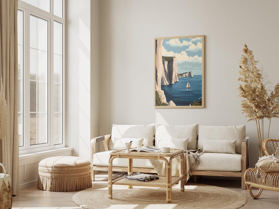 White Chalk Cliffs Sailboat Blue Sea Coastal Landscape Poster - Image 4