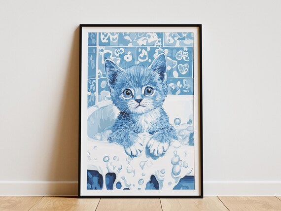 Blue Kitten In Bathtub Poster Cute Whimsical Pet Art For Bathroom Decor