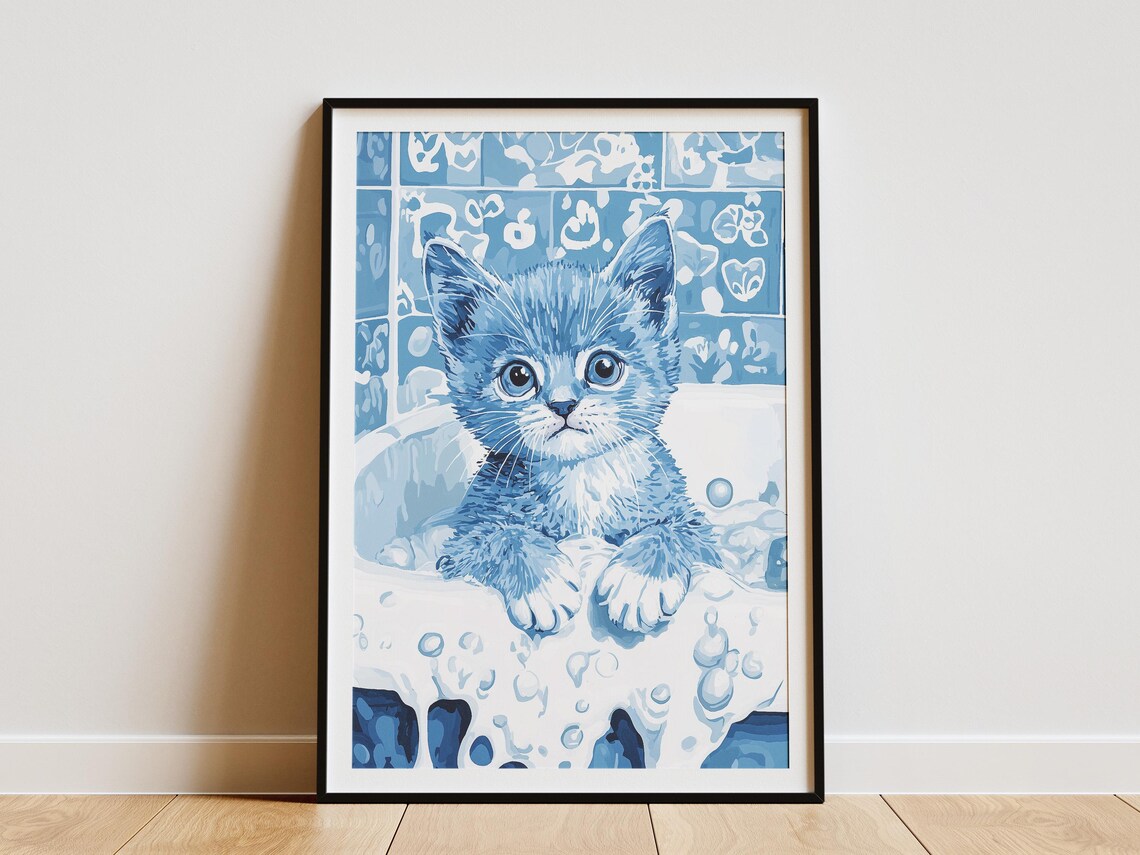 Blue Kitten In Bathtub Poster Cute Whimsical Pet Art For Bathroom Decor