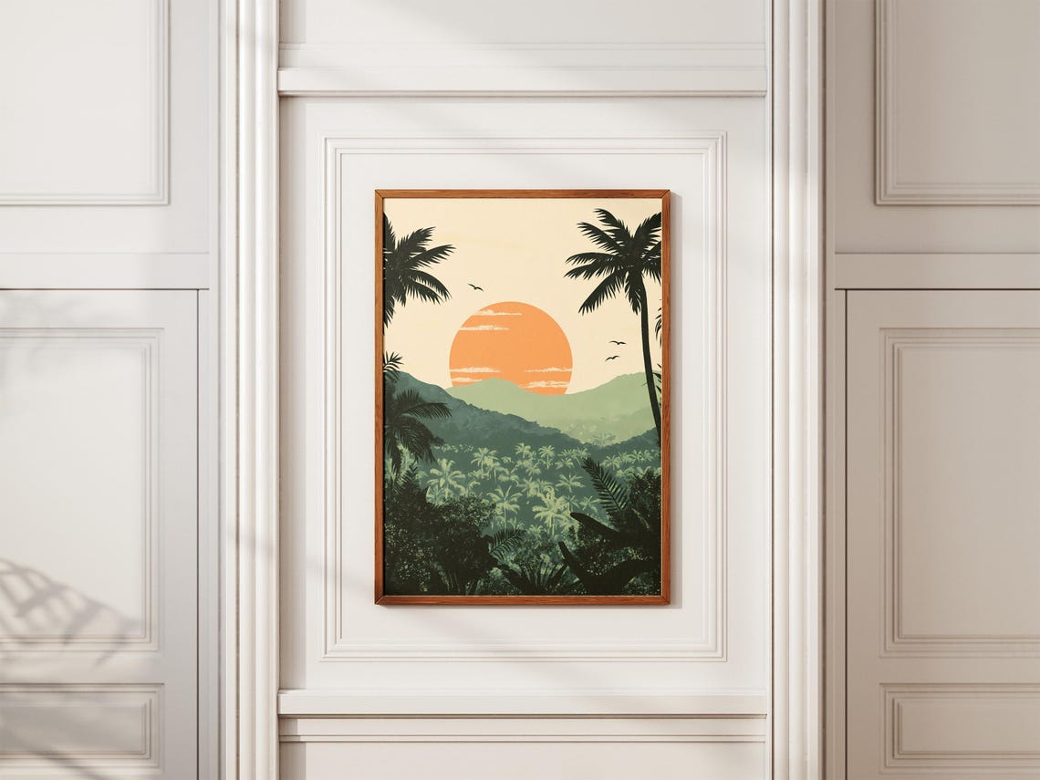 Tropical Jungle Sunset with Palm Silhouettes Art Poster Serene - Image 2