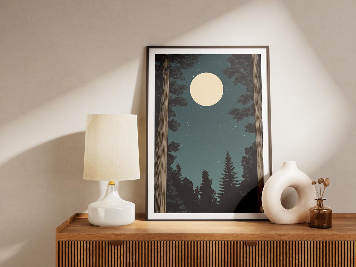 Redwood National Park Moon Between Towering Trees Night Sky Poster - Image 4