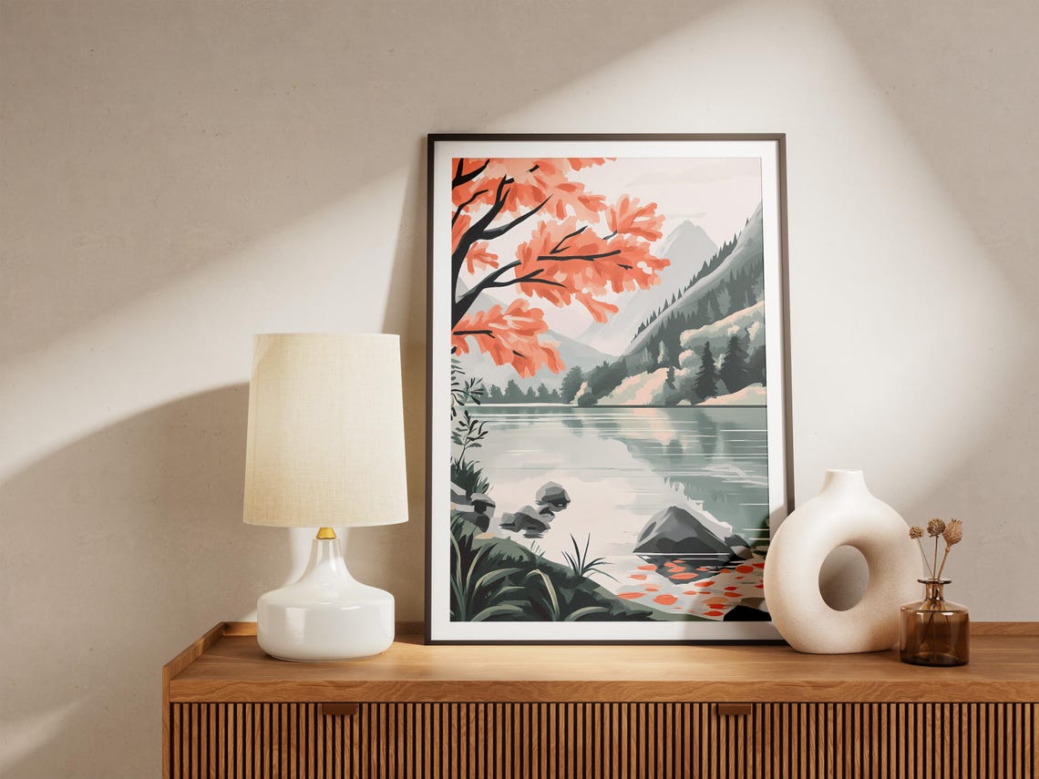 Delicate Coral Autumn Branch Over A Misty Mountain Lake Poster - Image 5