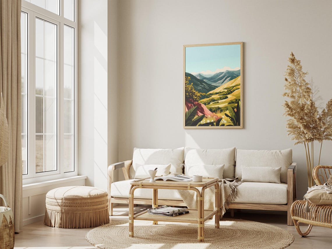 Sunlit Golden Valley Between Green Mountains Landscape Poster - Image 4
