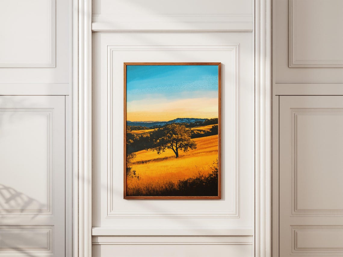 Lone Oak Tree On Golden Hillside Under Sunset Sky Scenic Poster - Image 2