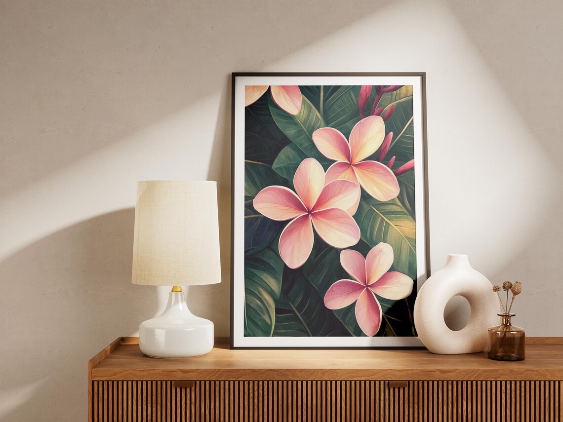 Pink Frangipani Blossoms On Dark Green Tropical Leaves Poster - Image 4