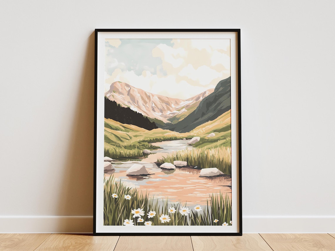 Alpine Mountain Stream with White Daisies and Rocky Peaks Poster