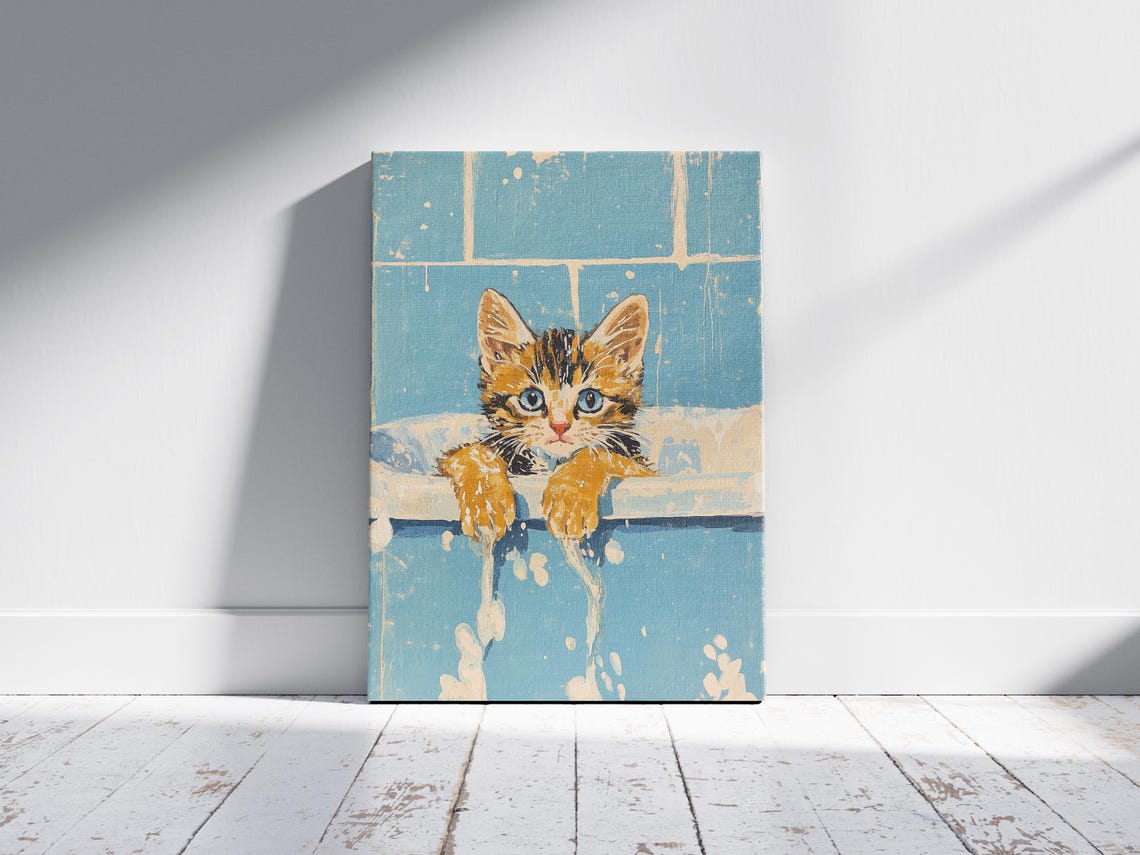 Kitten in a Blue Bathtub Cute Animal Bath Time Art Wall Poster - Image 2