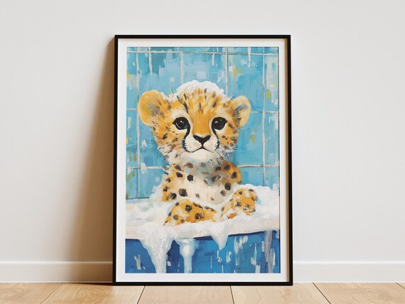 Wide-Eyed Baby Cheetah Cub Sitting in a Foamy Bubble Bath Poster