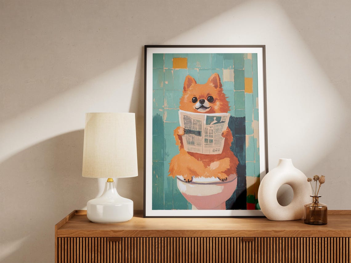 Fluffy Pomeranian Reading Newspaper on Toilet Funny Dog Art Poster - Image 4