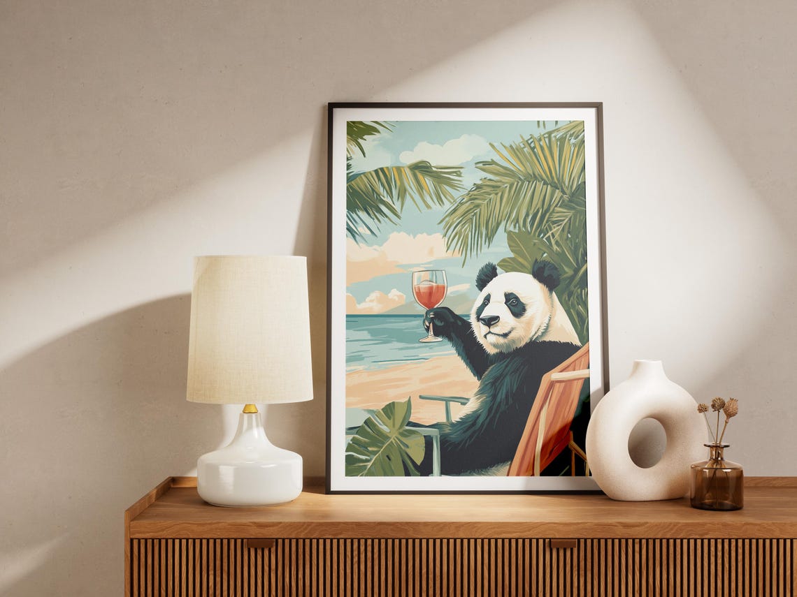 Elegant Panda Beach Poster Coastal Animal Art Print Summer Vacation Decor Tropical Illustration Funny Gift Relaxing - Image 4