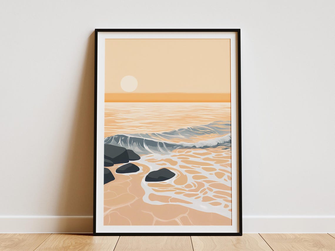Beige Minimalist Sunset Ocean Rocks Abstract Coastal Art Poster