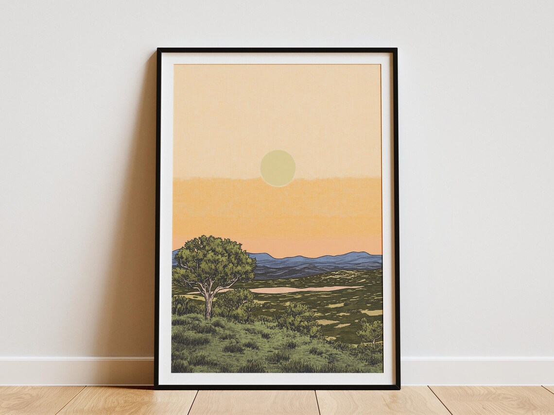 Texas Hill Country Sunset Rolling Hills Vintage Landscape Decor Poster