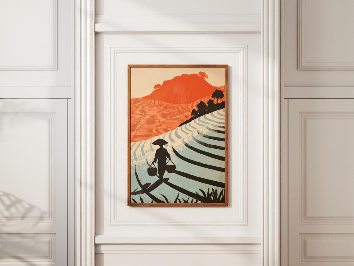 Asian Rice Terrace With Farmer Silhouette at Sunset Abstract Poster - Image 2