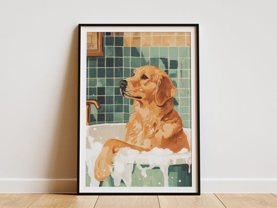 Golden Retriever Dog In Bathtub Art Print Cute Animal Poster Bathroom Wall Decor Lover Gift Pet Portrait