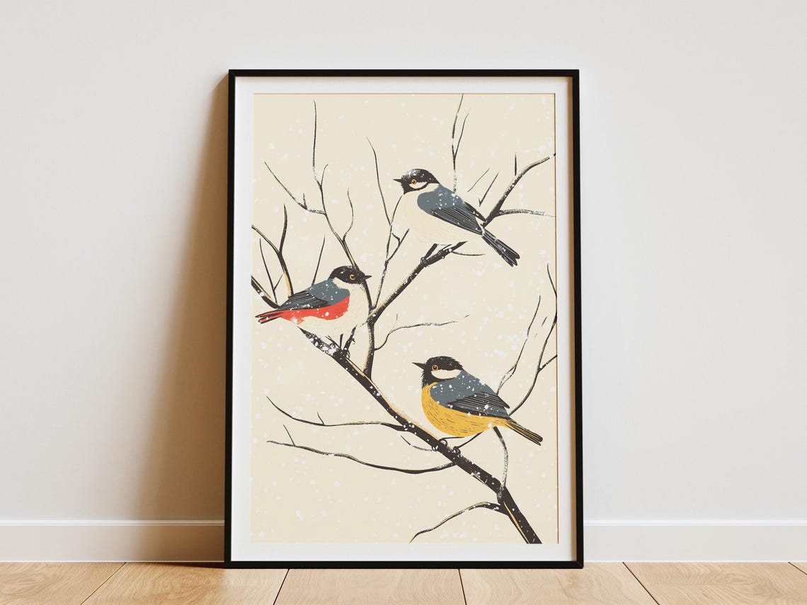 Three Songbirds On Snowy Branch Japanese Style Winter Bird Poster