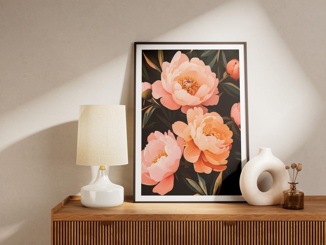 Peach Peony Blooms On Dark Background Bold Floral Art Poster - Image 5