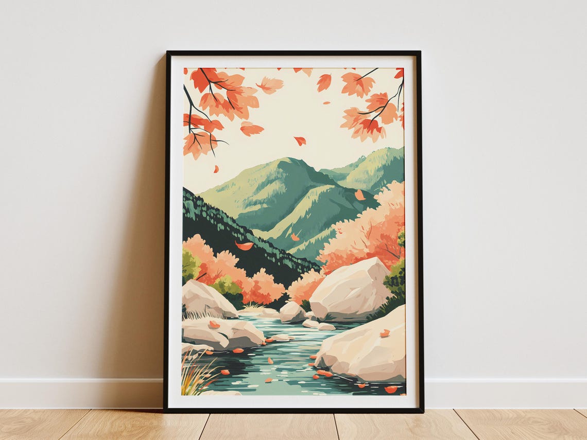 Autumn Mountain Stream with Falling Leaves Forest Art Poster