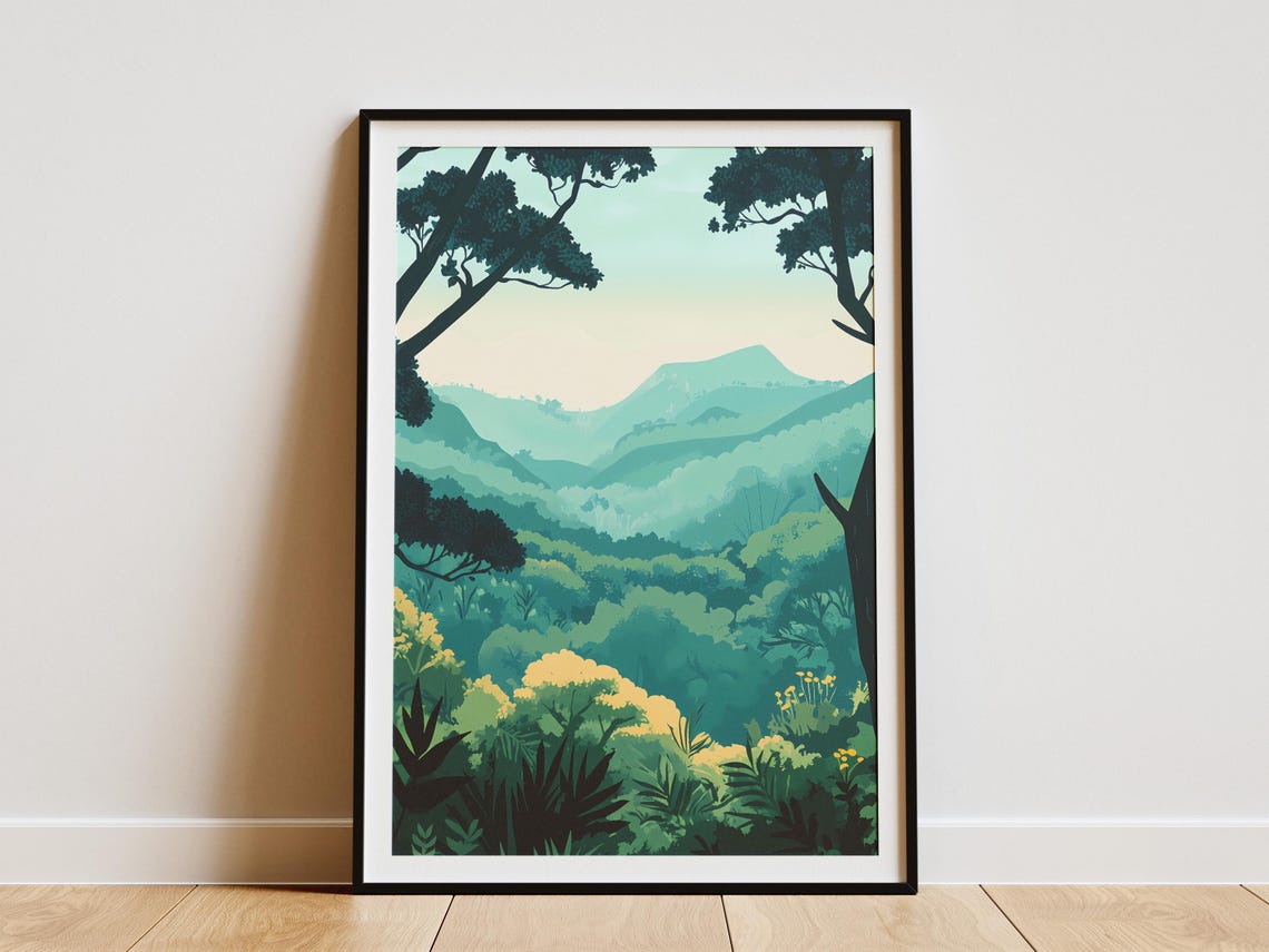 Lush Tropical Forest Valley With Mountain View Travel Poster