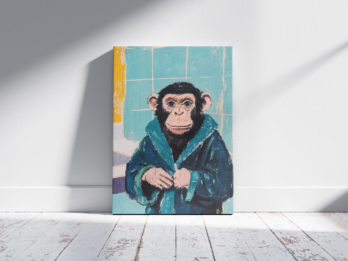 Chimpanzee In A Bathrobe Painting Bathroom Poster Print Modern Animal Art Funny Ape Unique Decor Primate - Image 2