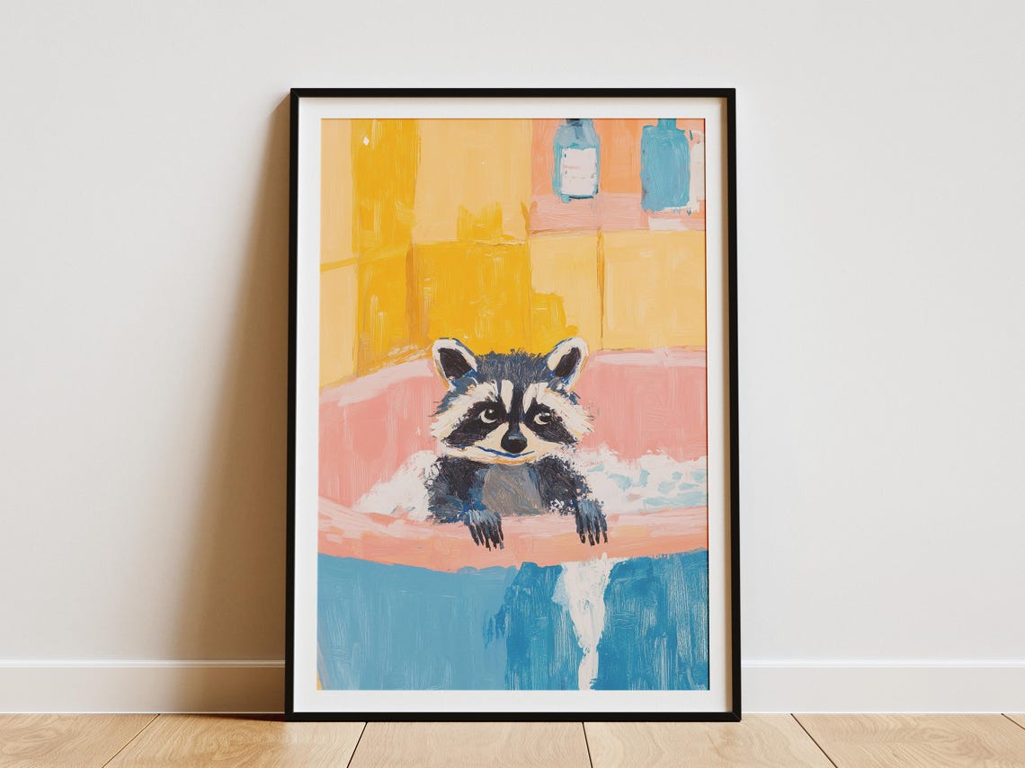 Cute Raccoon In Pink Bubble Bath Sunny Yellow Tile Bathroom Poster