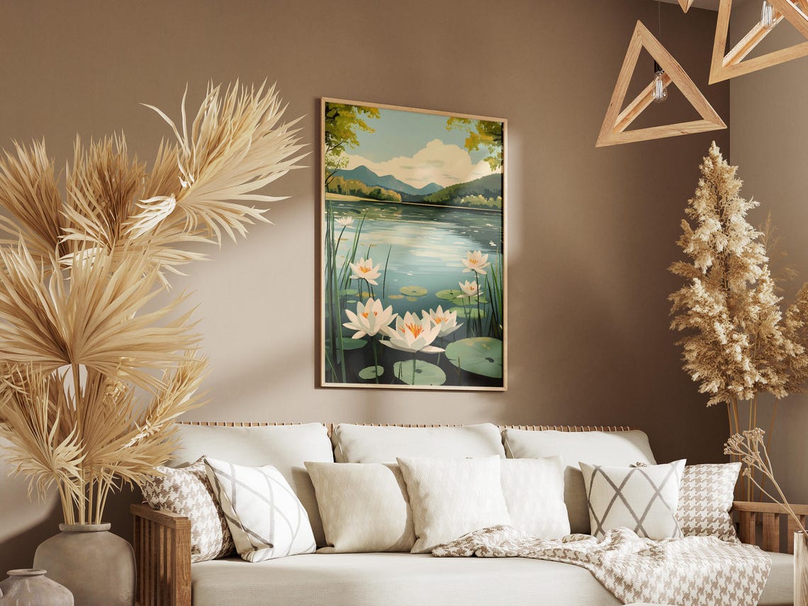 White Water Lilies On Mountain Lake Serene Botanical Art Poster - Image 3