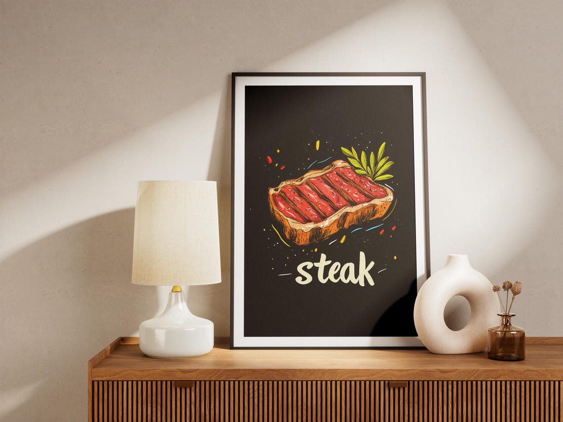 Juicy Grilled Steak Dinner Bold Black Food Illustration Poster - Image 5