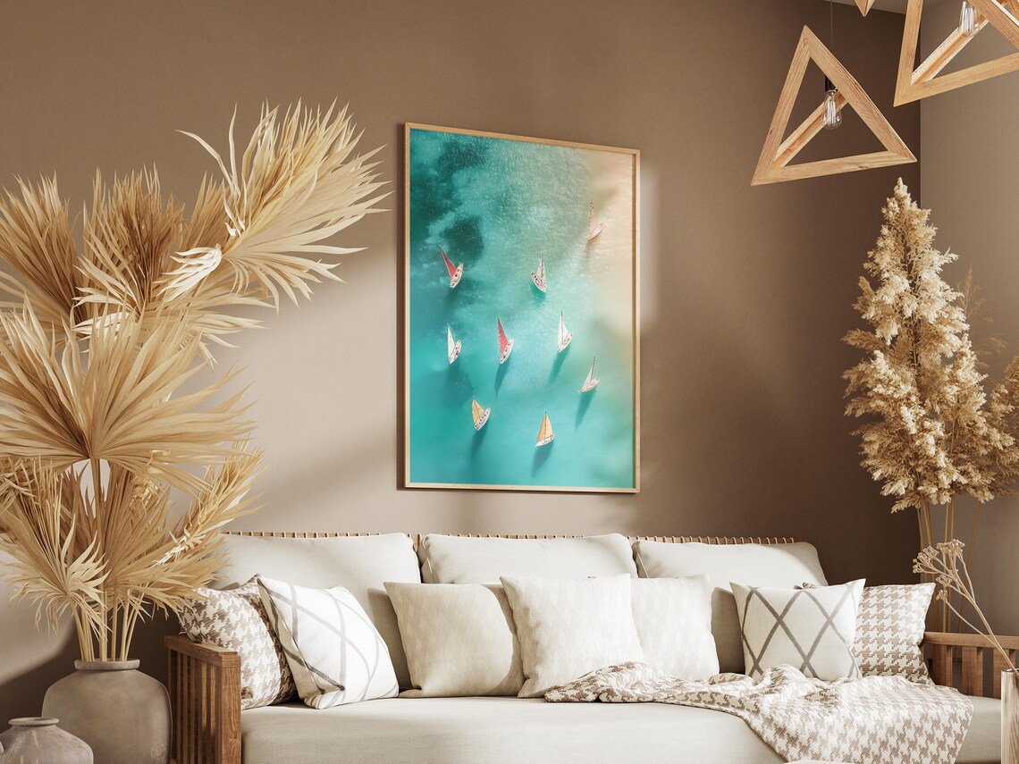 Aerial View of Small Sailboats Gliding on Turquoise Sea Water Poster - Image 3