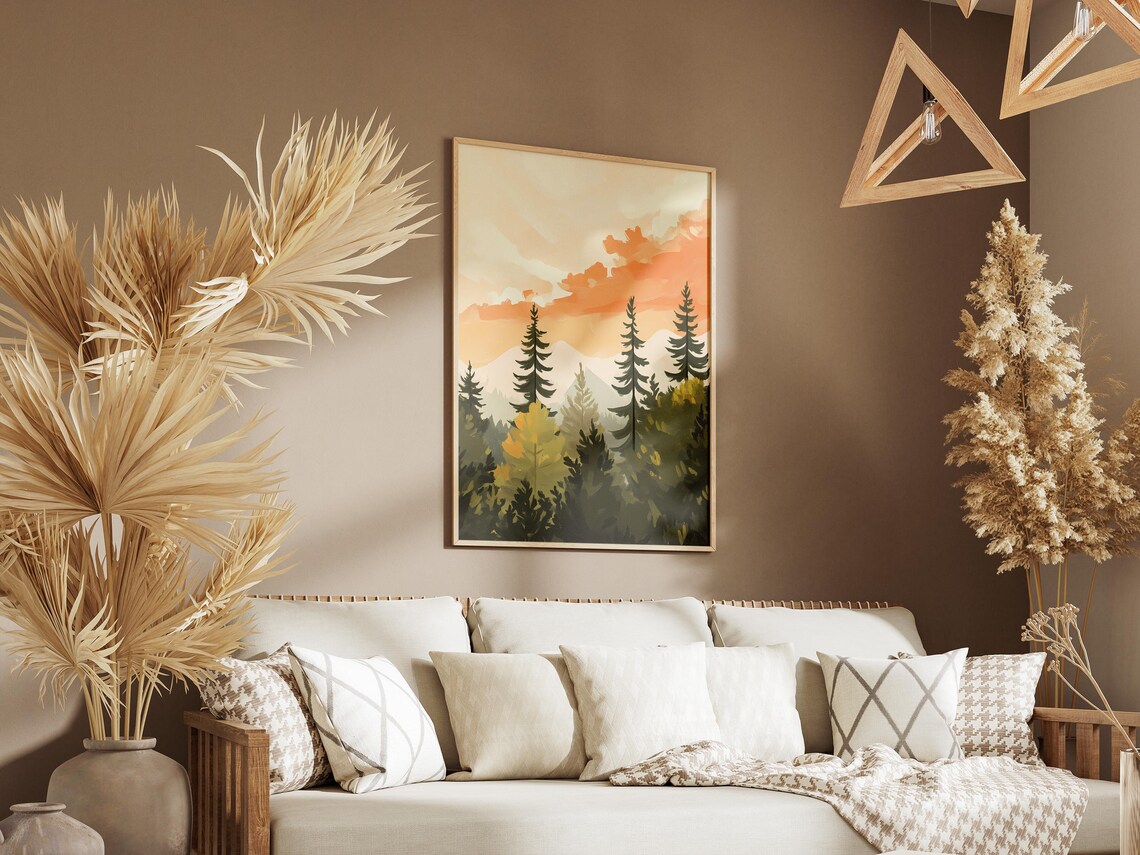 Sunset Pines Forest Poster Modern Minimalist Landscape Wall Art Nature Print Mountain Range Artwork Contemporary Home Decor Orange And - Image 3