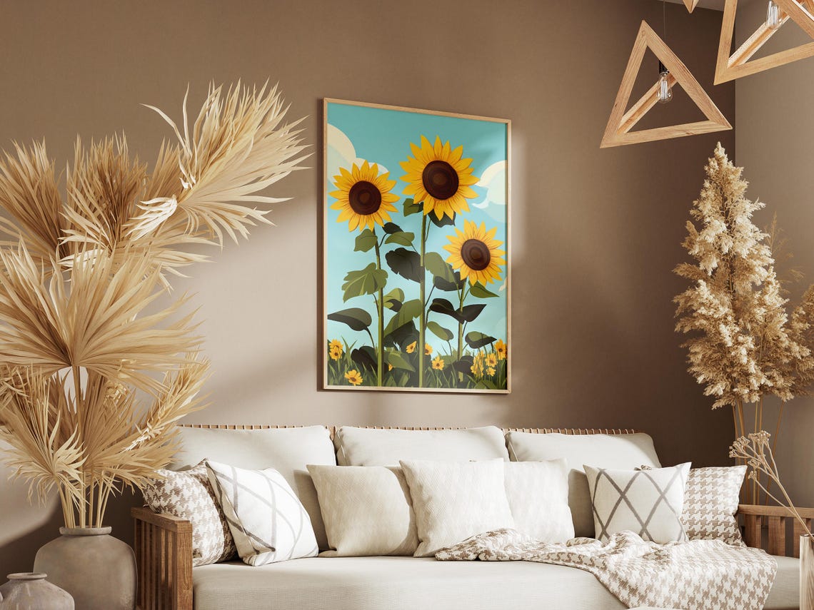 Three Tall Sunflowers Against a Bright Blue Sky Poster Summer Bloom - Image 3