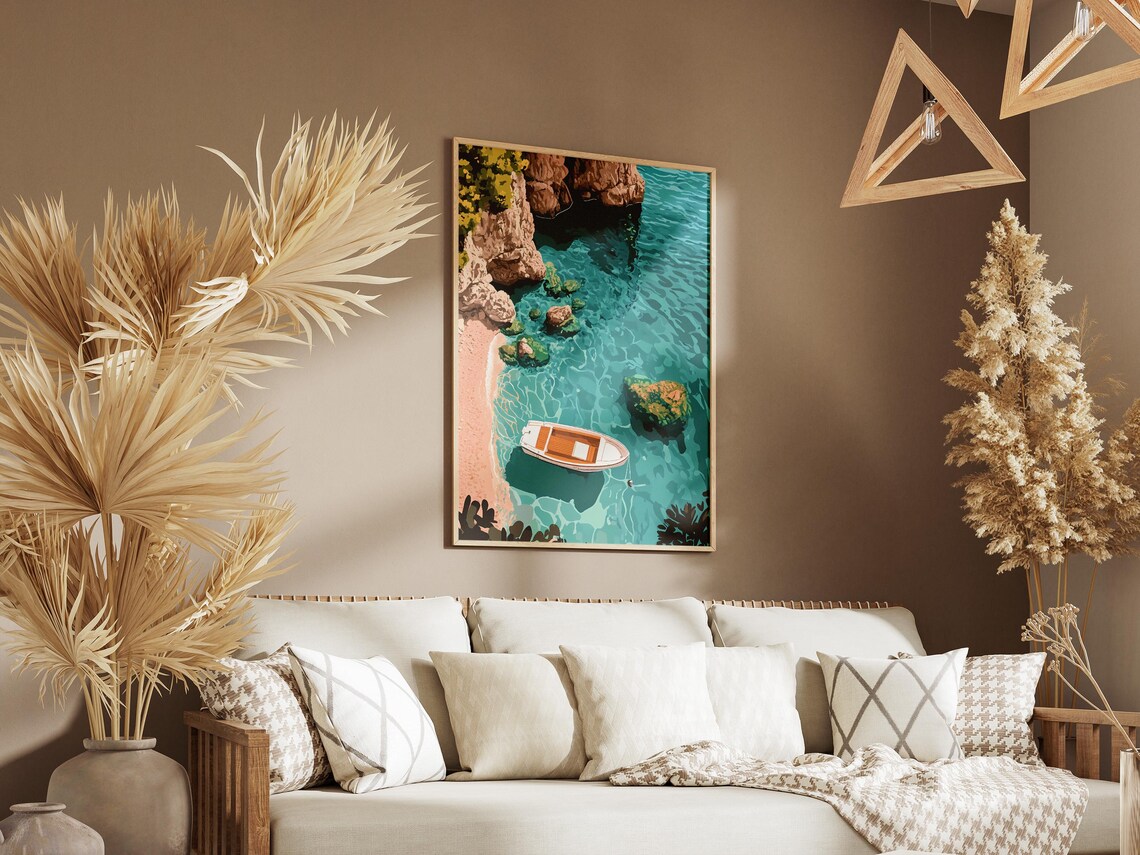 Boat Anchored in Turquoise Cove Rocky Cliff Aerial Illustration Poster - Image 3