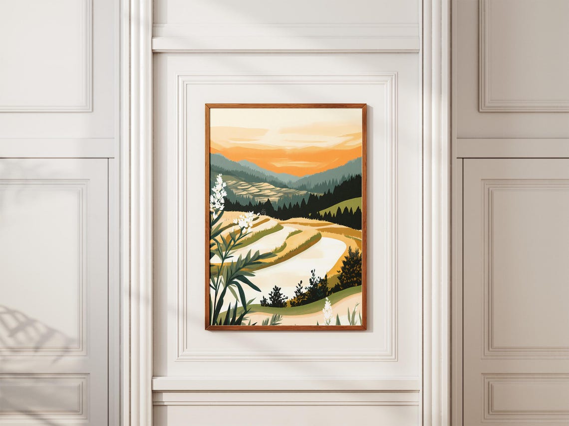 Golden Sunset Rice Terraces Hills White Blossoms Scenic Poster - Image 2