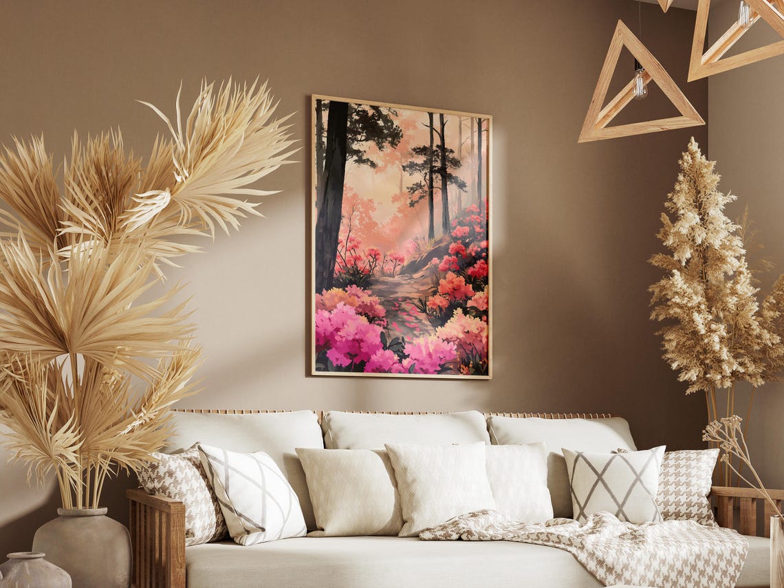 Pink Azalea Misty Forest Trail Dreamy Blossom Grove Scene Poster - Image 3