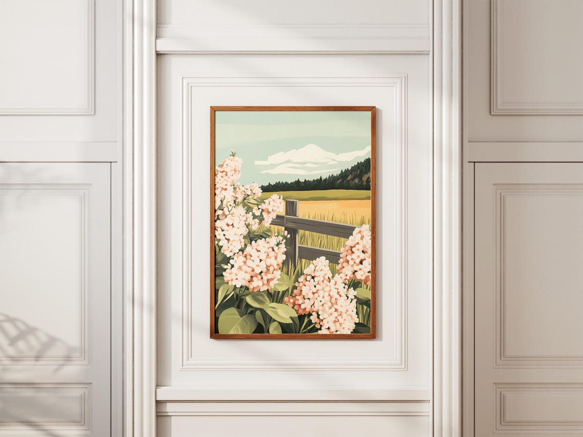 Pink Lilac Blossoms By Rustic Fence Farm Field Spring Poster - Image 2