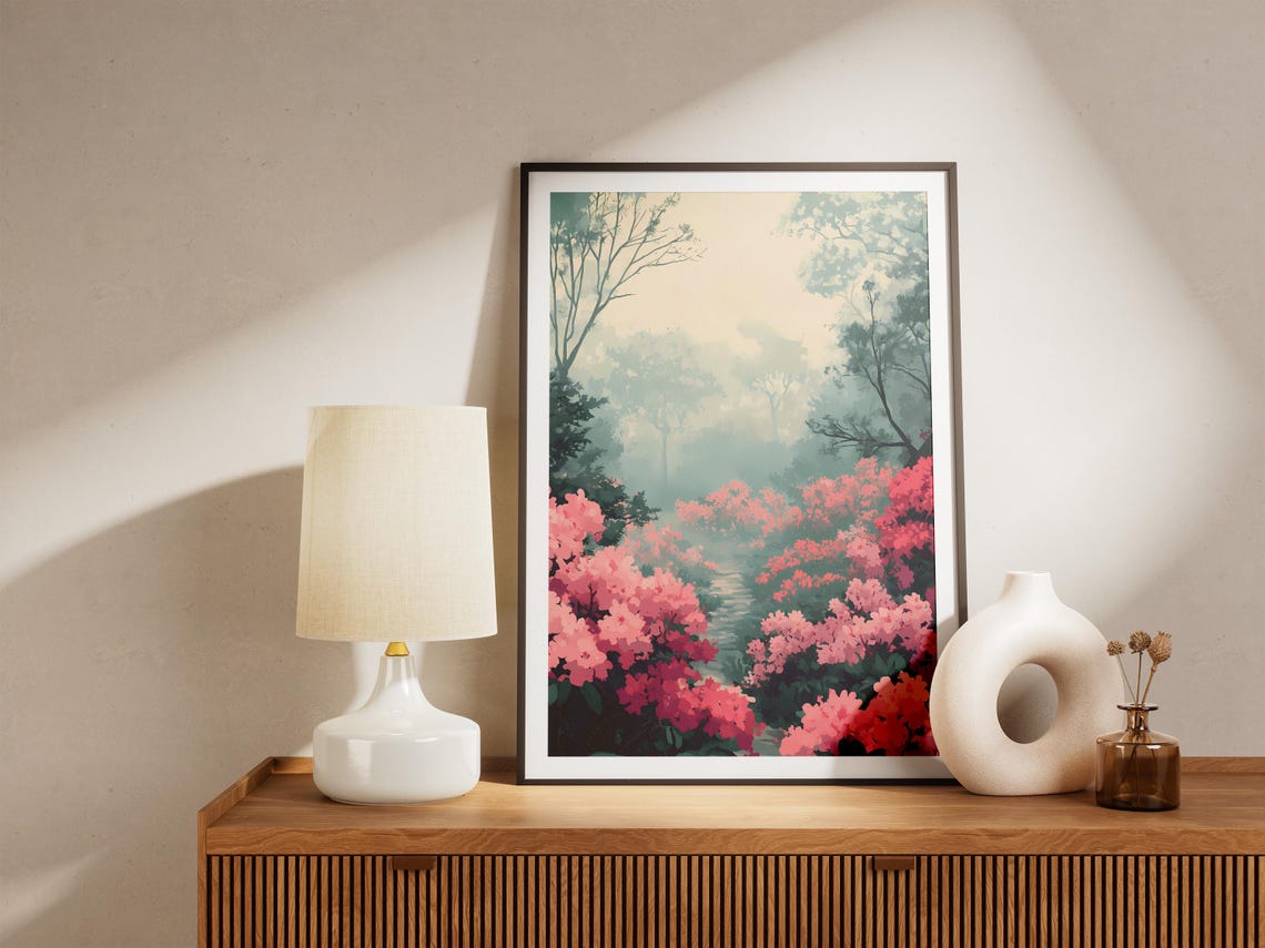 Blooming Pink Azaleas Along a Misty Forest Path Poster in Spring - Image 5