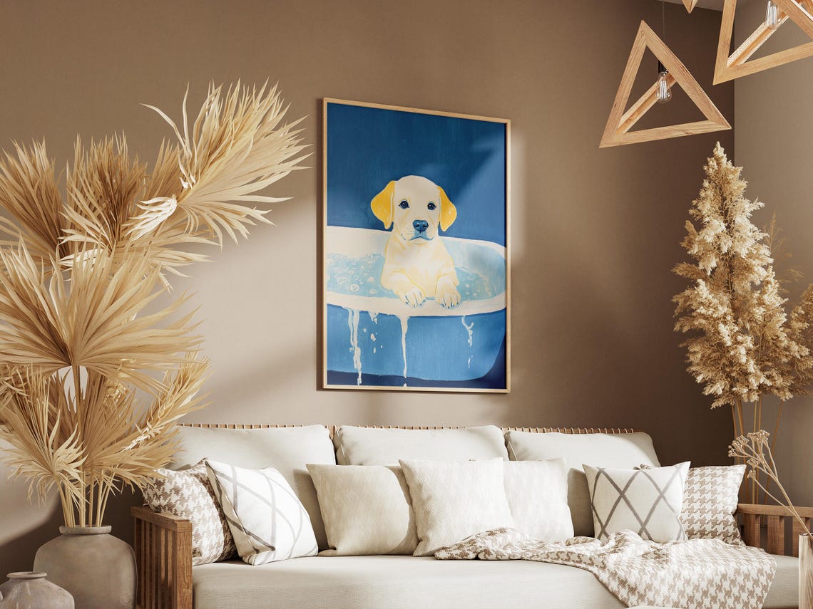 Yellow Labrador Puppy in Blue Tub Bubble Bath Cute Puppy Dog Poster - Image 3