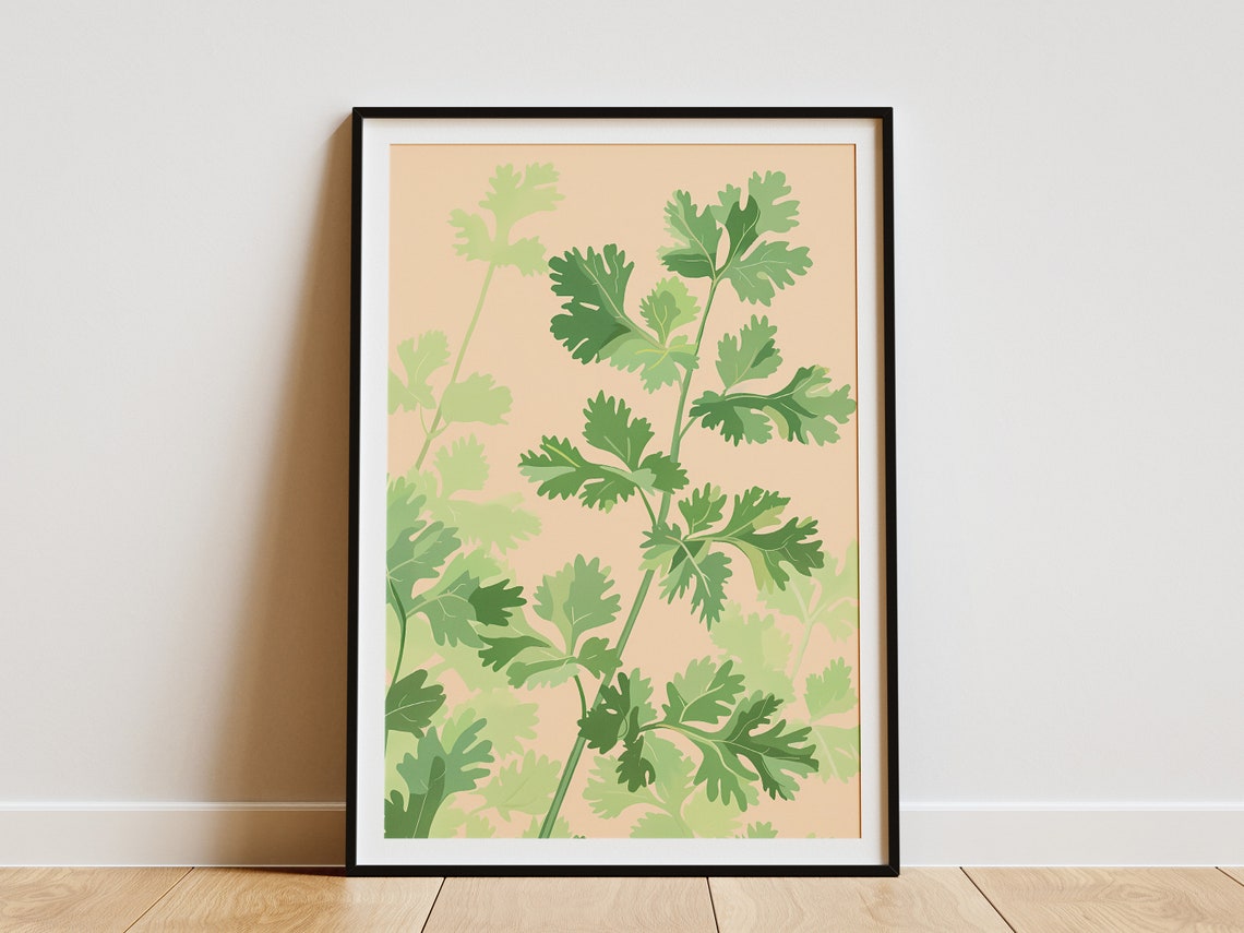 Fresh Cilantro Herb Leaves Peach Minimalist Kitchen Art Poster
