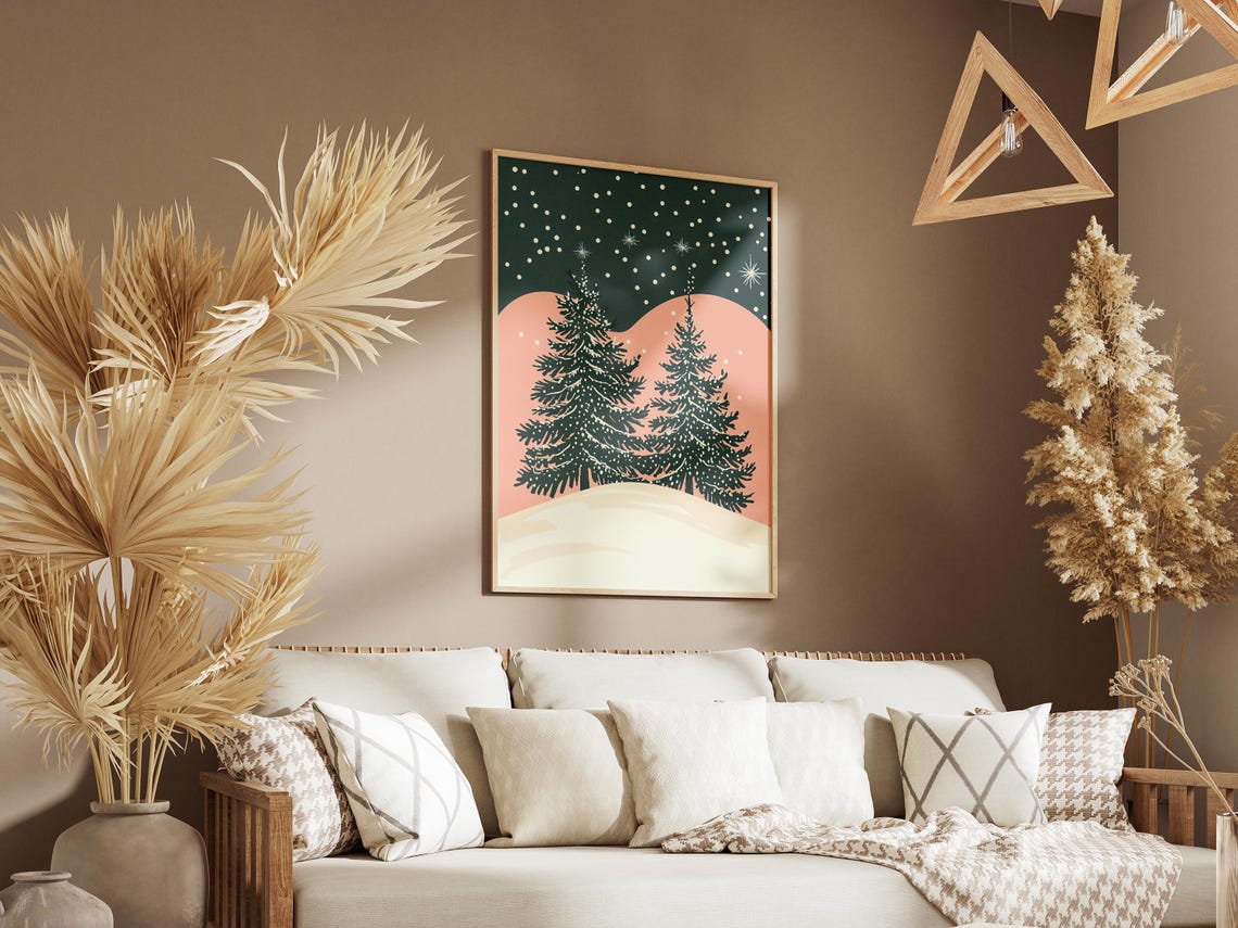 Snowy Pine Trees Winter Night Poster with Pink Hills and Stars - Image 3
