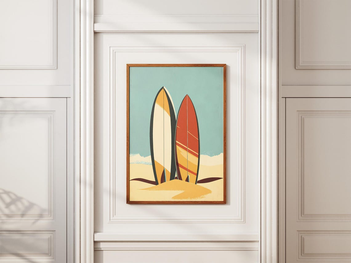 Two Colorful Surfboards Standing on Sand Minimalist Beach Poster - Image 2