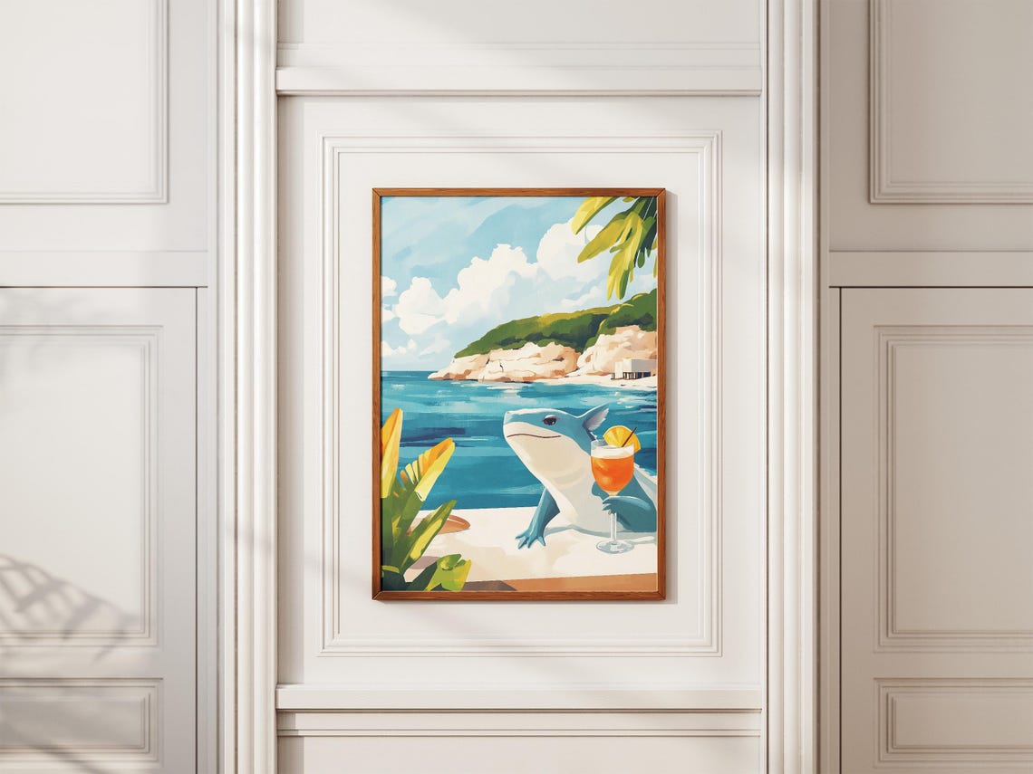 Cute Blue Axolotl Drinking Cocktail Tropical Beach Summer Poster - Image 2