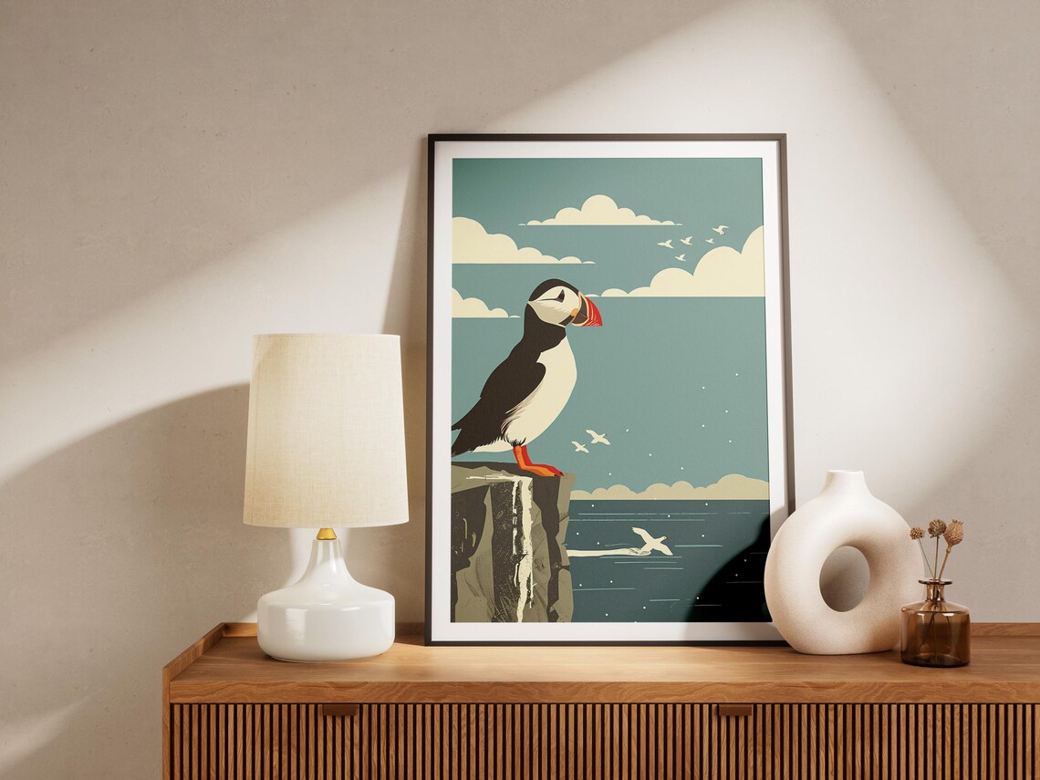 Vintage Coastal Puffin Art Print, Mid-Century Modern - Image 2