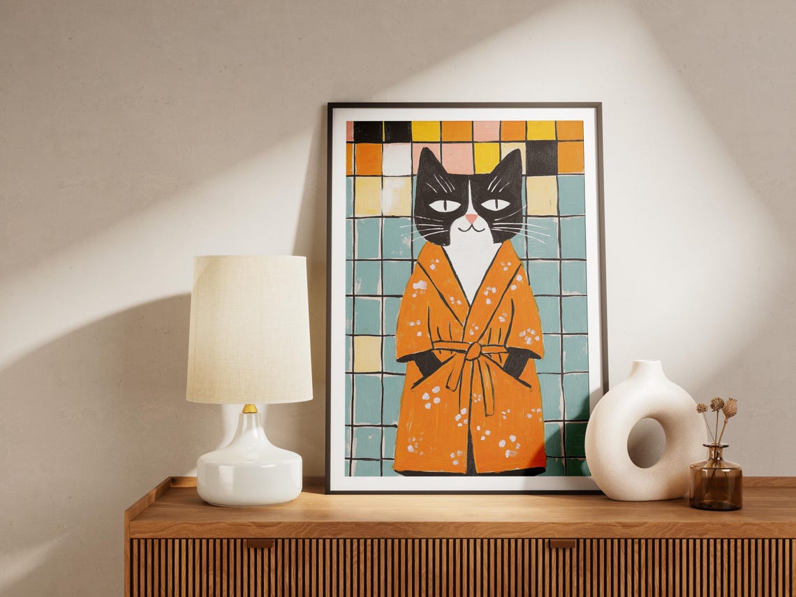 Cute Cat In Bathrobe Posterfunny Art Printwhimsical Pet Printbathroom Decororange And Black Catmodern Illustrationunique - Image 4