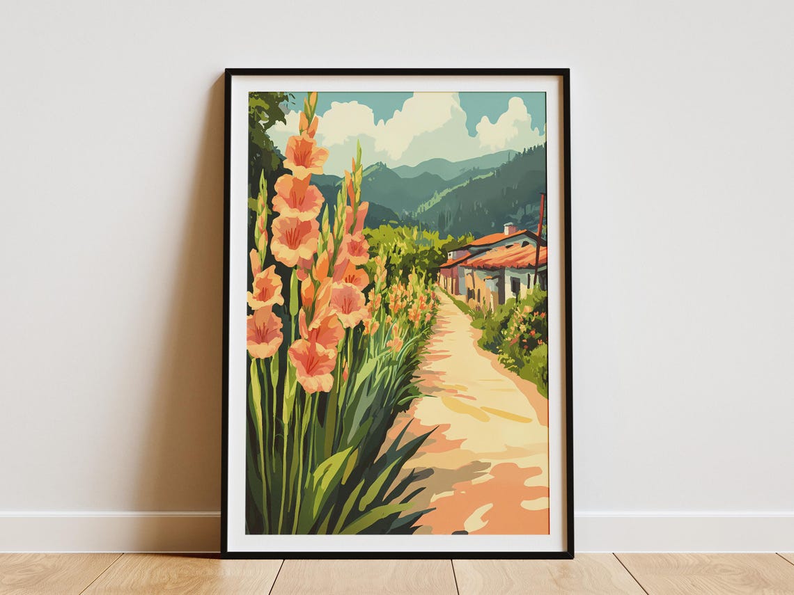 Orange Gladiolus Village Road Mountain Cottages Flower Poster