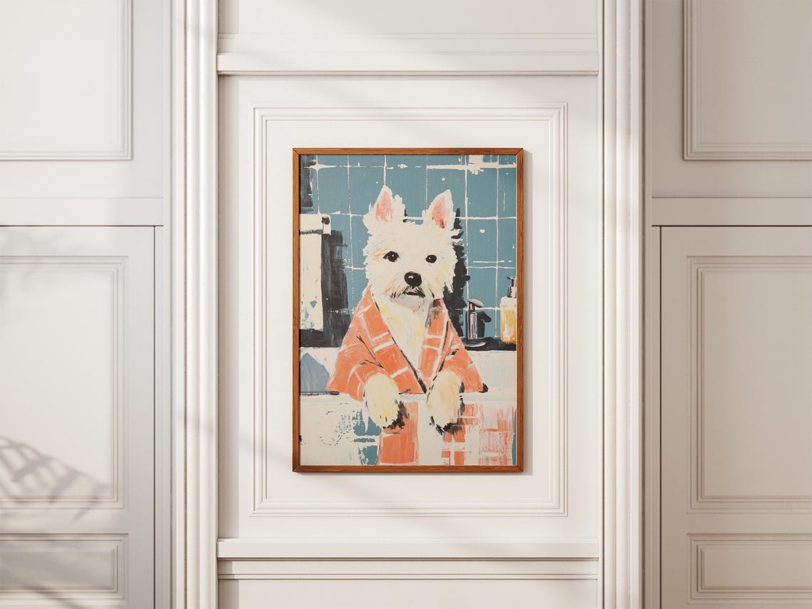 Westie Dog in Orange Plaid Bathrobe Teal Tile Bathroom Poster - Image 2